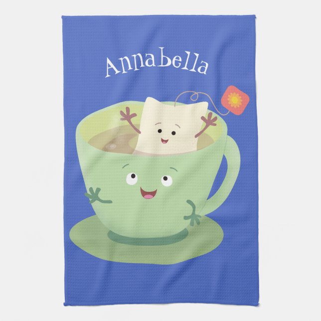 Cute teabag cup cartoon humor character kitchen towel (Vertical)