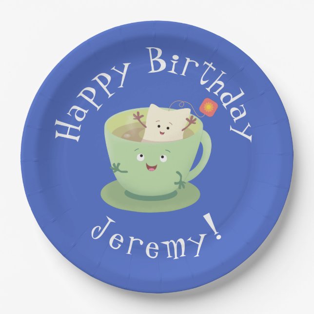Cute teabag cup cartoon humor character paper plates (Front)