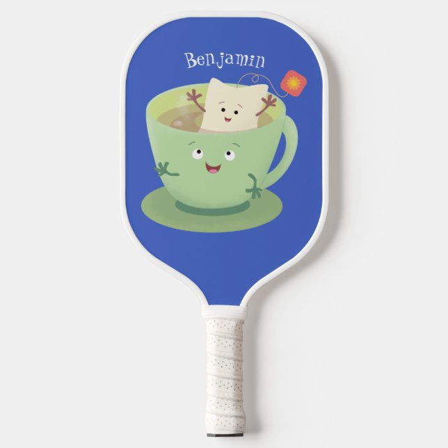 Cute teabag cup cartoon humor character  pickleball paddle (Front)