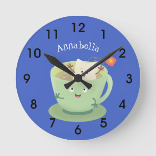 Cute teabag cup cartoon humor character round cloc clock
