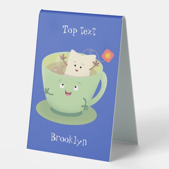 Cute teabag cup cartoon humor character table tent (Front)