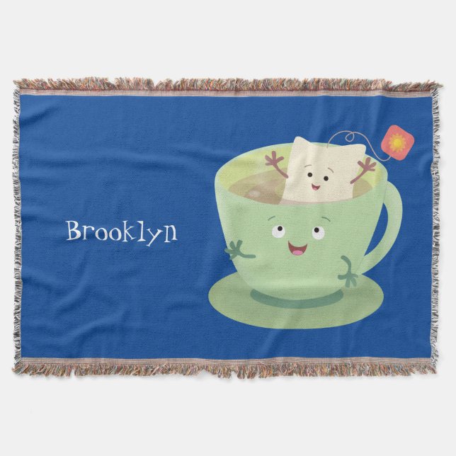 Cute teabag cup cartoon humor character throw blanket (Front)