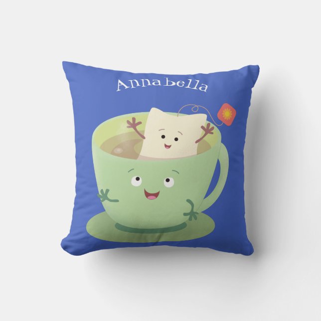 Cute teabag cup cartoon humor character throw pillow (Front)