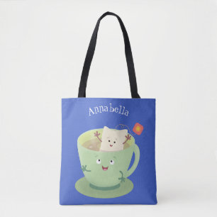 Cute teabag cup cartoon humor character tote bag