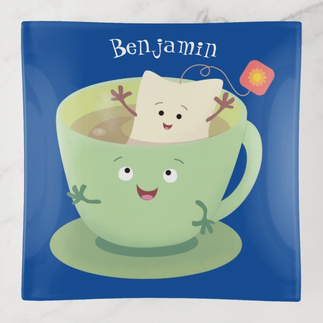 Cute teabag cup cartoon humor character trinket tray (Front)