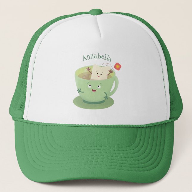 Cute teabag cup cartoon humor character trucker hat (Front)