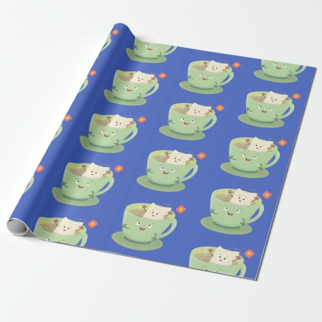 Cute teabag cup cartoon humor character wrapping paper (Unrolled)
