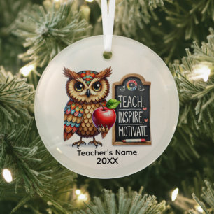 Cute Teach Inspire Motivate add name year Glass Ornament