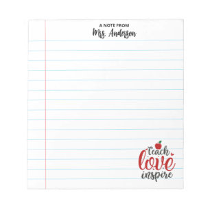 Cute Teach Love Inspire Teacher Appreciation Notepad