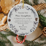 Cute Teacher Appreciation Gift Christmas Wreath Ceramic Ornament<br><div class="desc">Teachers are truly wonderful and what better way to let them know, than with one of these personalized teachers appreciation christmas ornaments. Design features a chic gray background with a winter botanical festive wreath, a cute thank you message, the teachers name, a little heart and who it is from. All...</div>
