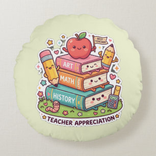 Cute Teacher Appreciation Kawaii Books Round Throw Pillow