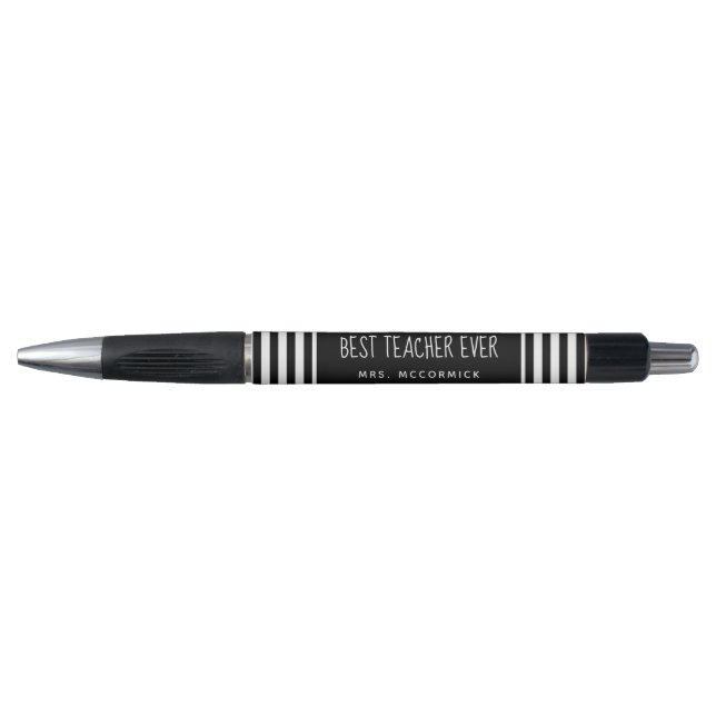 Cute Teacher Black White Stripes Personalized Pen (Front)