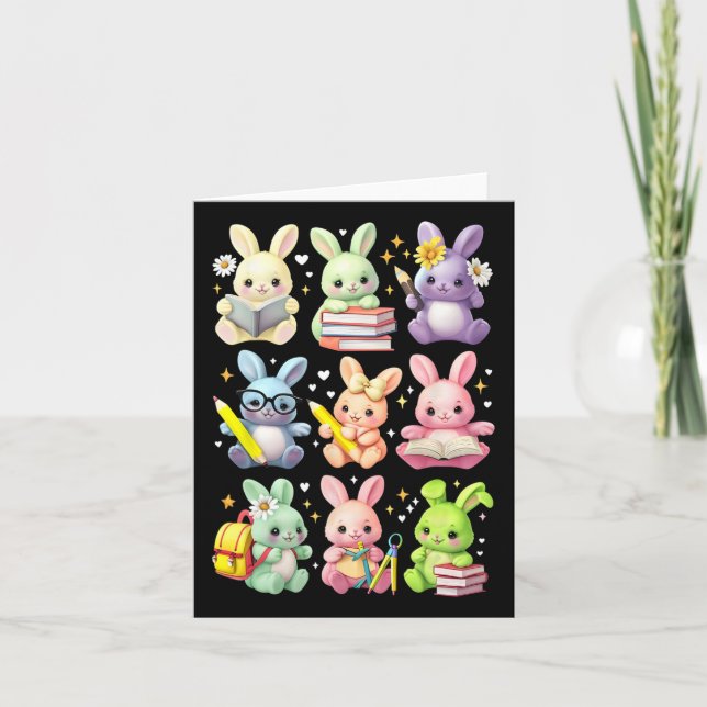 Cute Teacher Bunny Rabbit Reading Easter Bunnies B Card (Front)