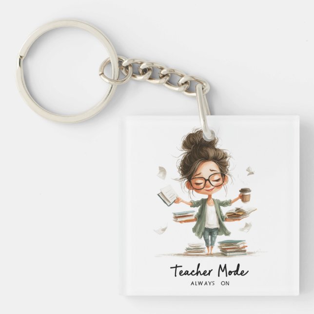 Cute Teacher Cartoon with "Teacher Mode Always On" Keychain (Front)