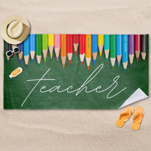 Cute Teacher Colored Pencils Personalized Beach Towel