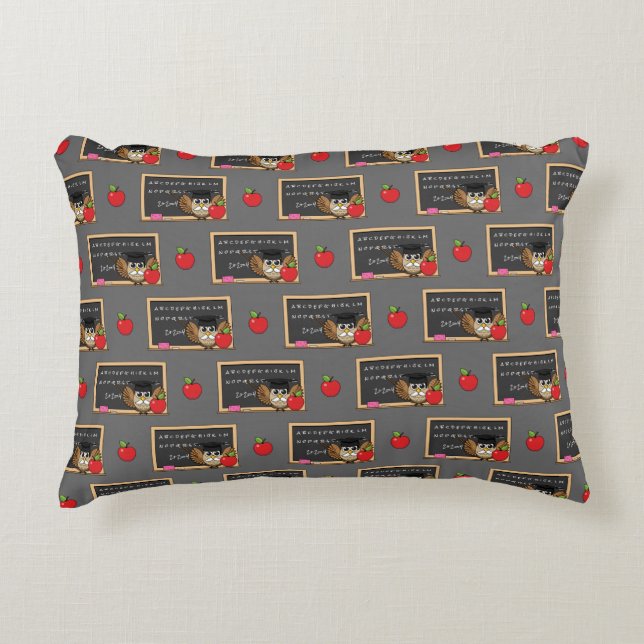 Cute Teacher Owl with Apple Cartoon Accent Pillow (Front)