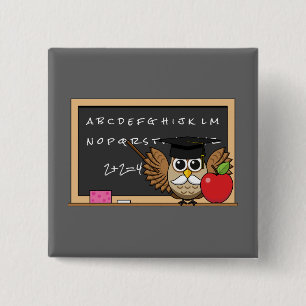 Cute Teacher Owl with Apple Cartoon Button