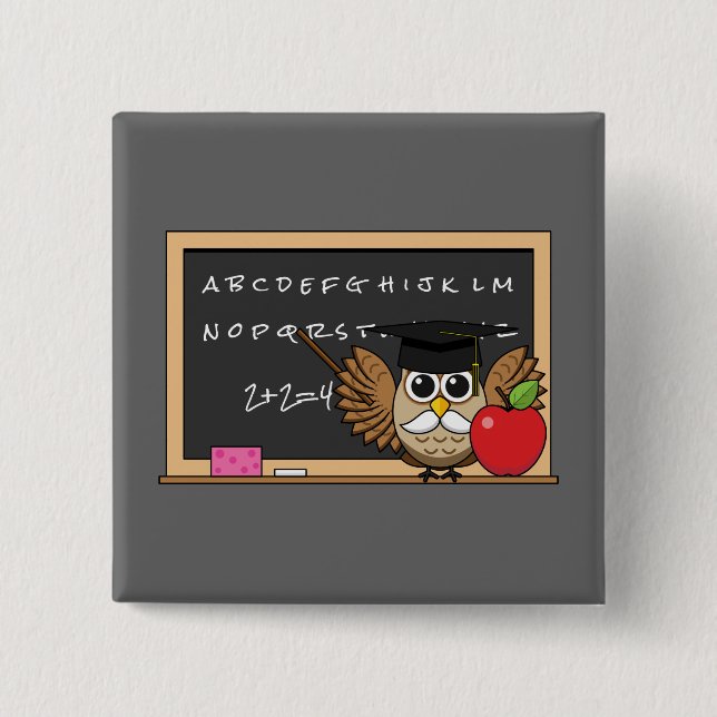 Cute Teacher Owl with Apple Cartoon Button (Front)