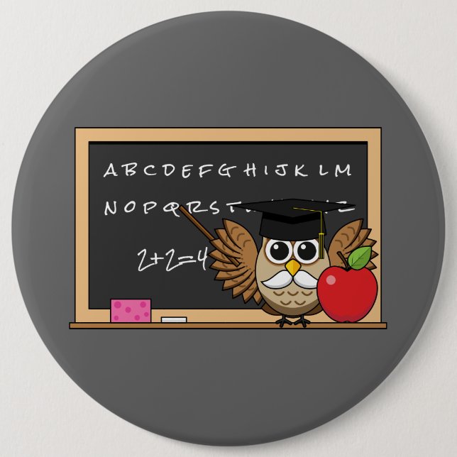 Cute Teacher Owl with Apple Cartoon Button (Front)
