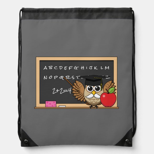 Cute Teacher Owl with Apple Cartoon Drawstring Bag (Front)