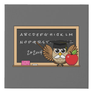 Cute Teacher Owl with Apple Cartoon Faux Canvas Print