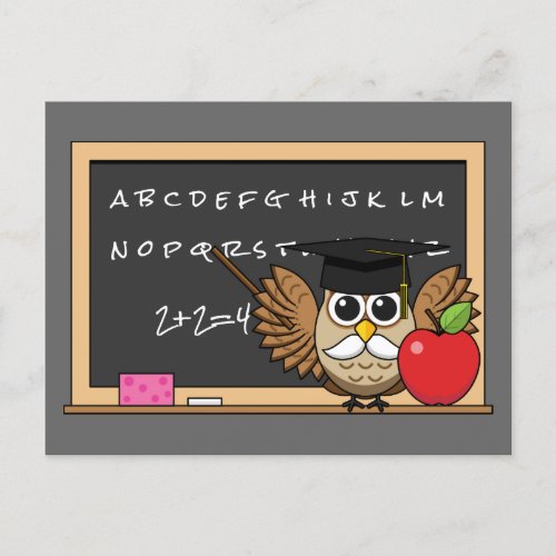 Cute Teacher Owl with Apple Cartoon Holiday Postcard