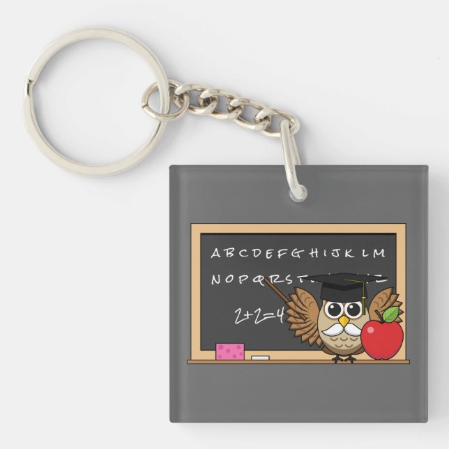 Cute Teacher Owl with Apple Cartoon Keychain (Front)