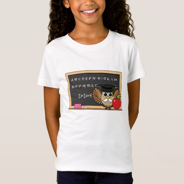 Cute Teacher Owl with Apple Cartoon T-Shirt (Front)