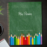 Cute Teacher Personalized Lesson Planner<br><div class="desc">A modern personalized planner for teachers featuring a green chalkboard background with colorful colored pencils. Teacher's Name in Script.  Custom text at bottom in a serif font.</div>