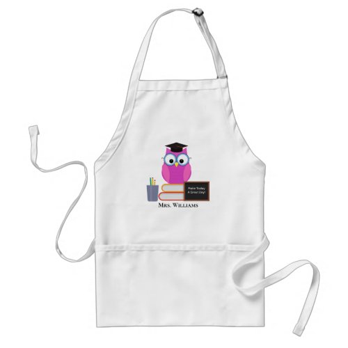 Cute Teacher Pink Owl Back To School Monogram Adult Apron