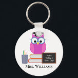 Cute Teacher Pink Owl Back To School Monogram Keychain<br><div class="desc">A pretty pink owl with glasses and a graduation cap sits on top of a stack of books for back to school. Welcome your kindergarten teacher to the classroom with this cute,  personalized gift. A little chalkboard drawing that reads Make Today a Great Day.</div>