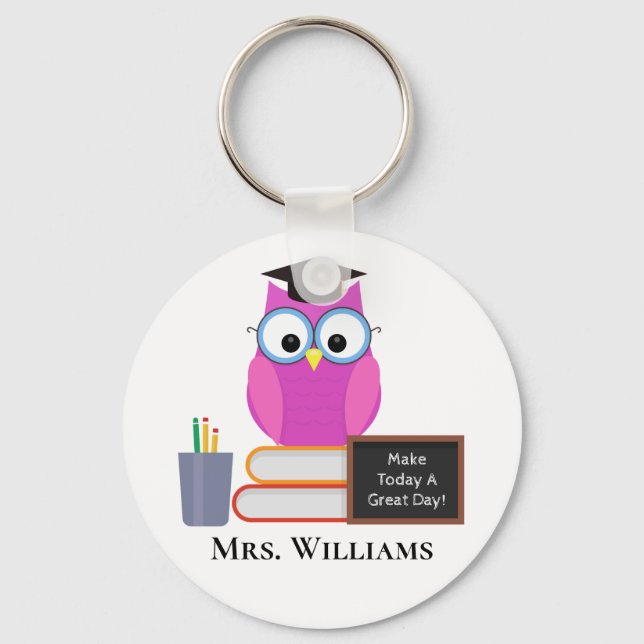 Cute Teacher Pink Owl Back To School Monogram Keychain (Front)