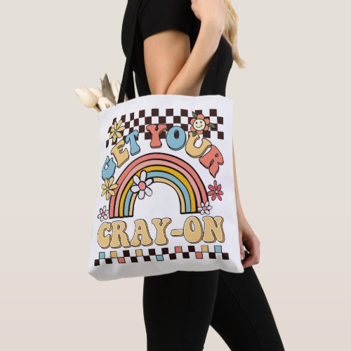 Cute teacher rainbow retro flair get your cray_on  tote bag