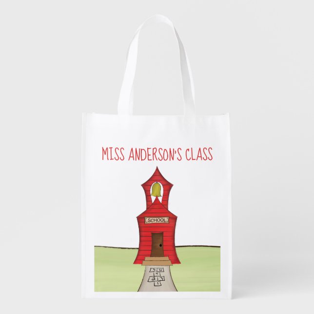 Cute Teacher Red Schoolhouse Personalized  Grocery Bag (Front)