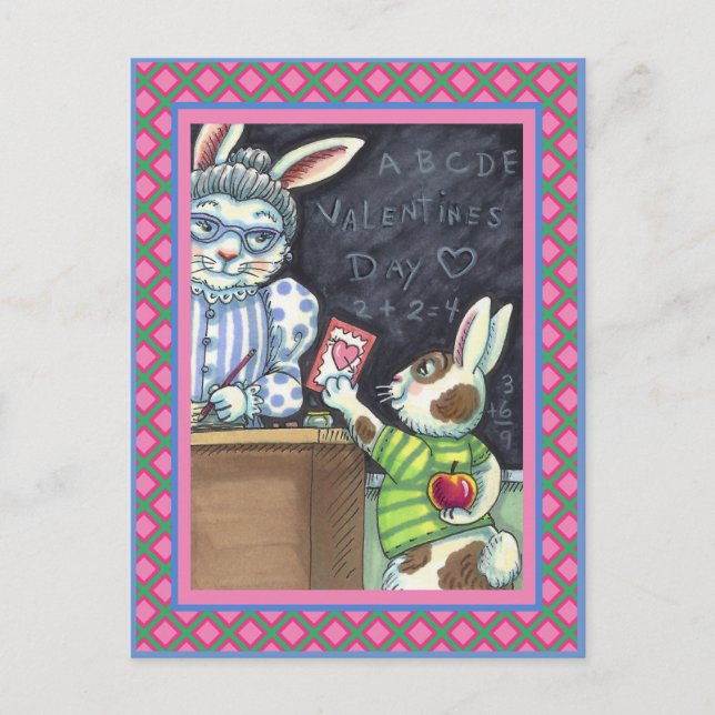 CUTE TEACHER'S PET, APPLE & VALENTINE BUNNY RABBIT HOLIDAY POSTCARD (Front)