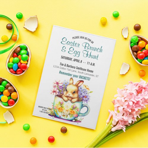 Cute Teacup Bunny Floral Easter Brunch  Egg Hunt Invitation