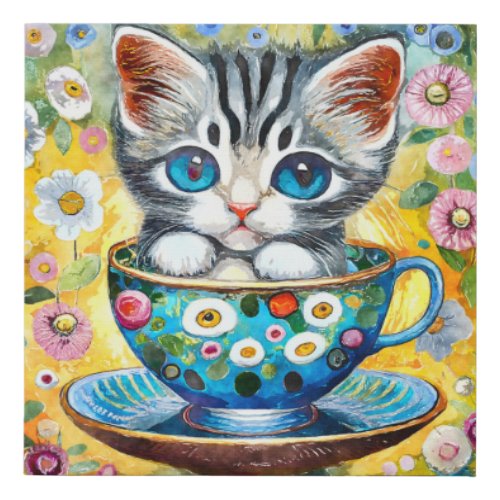 Cute Teacup Cat Art Painting Canvas Print