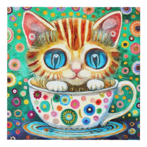 Cute Teacup Cat Art Painting Faux Canvas Print