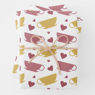 Cute Teacup & Hearts Pattern Cozy Coffee Tea Lover Wrapping Paper Sheets