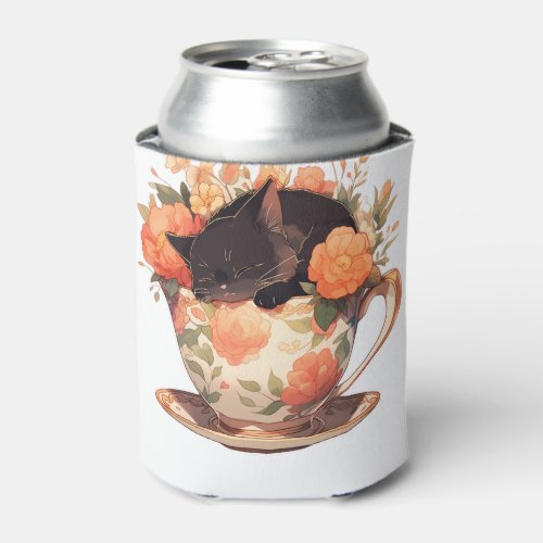 Cute Teacup Kitten _ Floral   Can Cooler