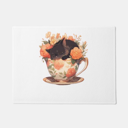 Cute Teacup Kitten _ Floral   Doormat