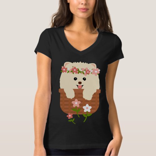 Cute Teacup Pomeranian Puppy And Flower T_Shirt