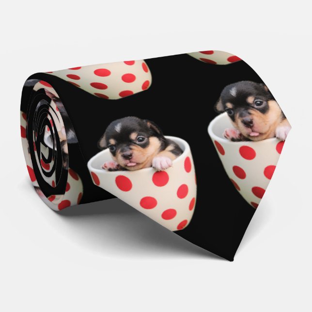 Cute Teacup Puppy Pattern on Black Tie (Rolled)