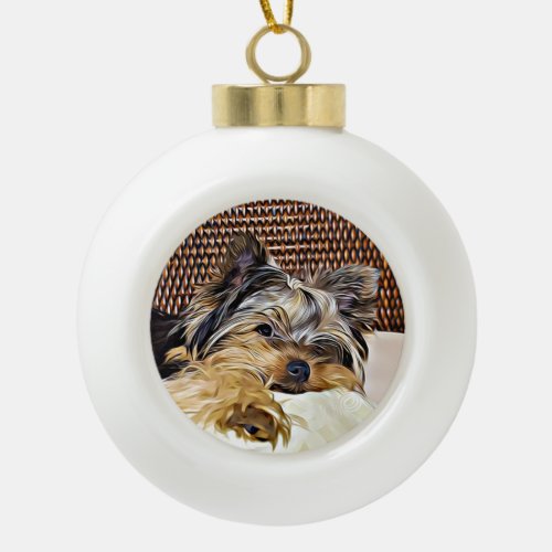 Cute Teacup Yorkie Yorkshire Terrier Digital Art Ceramic Ball Christmas Ornament