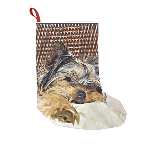 Cute Teacup Yorkie Yorkshire Terrier Digital Art Small Christmas Stocking