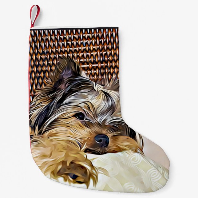 Cute Teacup Yorkie Yorkshire Terrier Digital Art Small Christmas Stocking (Front)