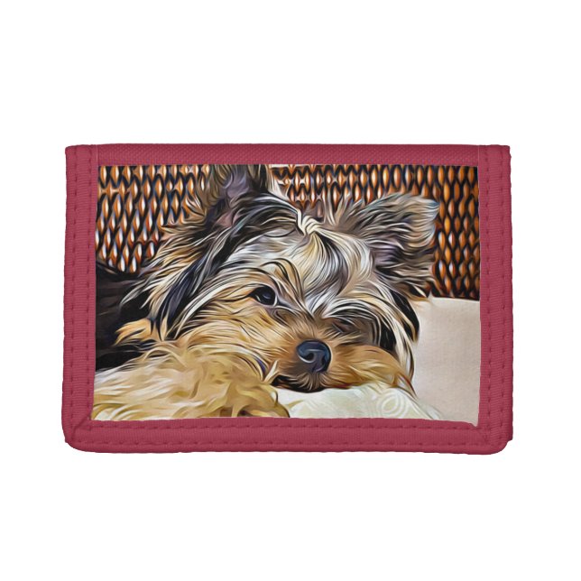 Cute Teacup Yorkie Yorkshire Terrier Digital Art Trifold Wallet (Front)