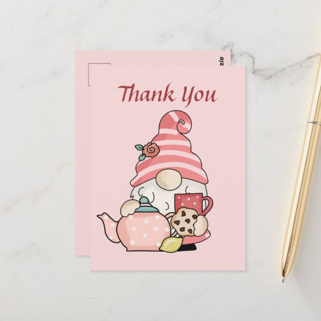 Cute teahouse thank you gnome Postcard (Front/Back In Situ)