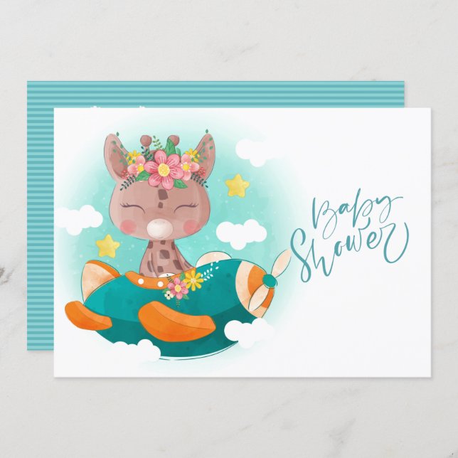 Cute Teal Airplane Giraffe Baby Shower   Invitation (Front/Back)