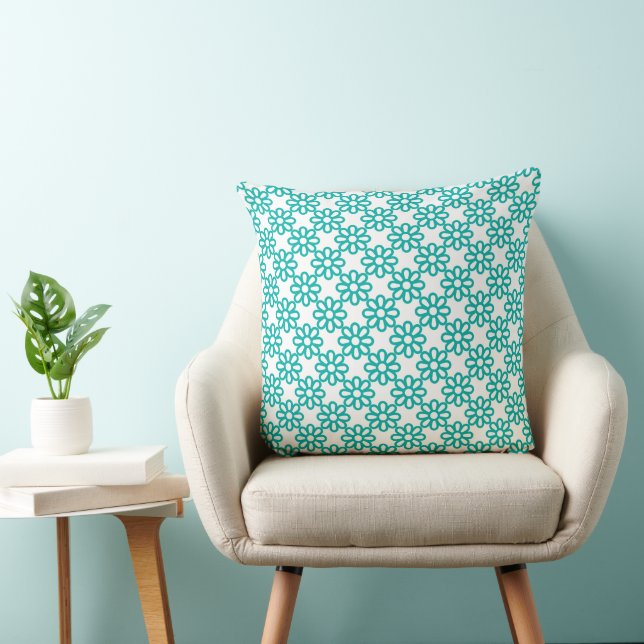 Cute Teal and White Floral Pattern Throw Pillow (Chair)